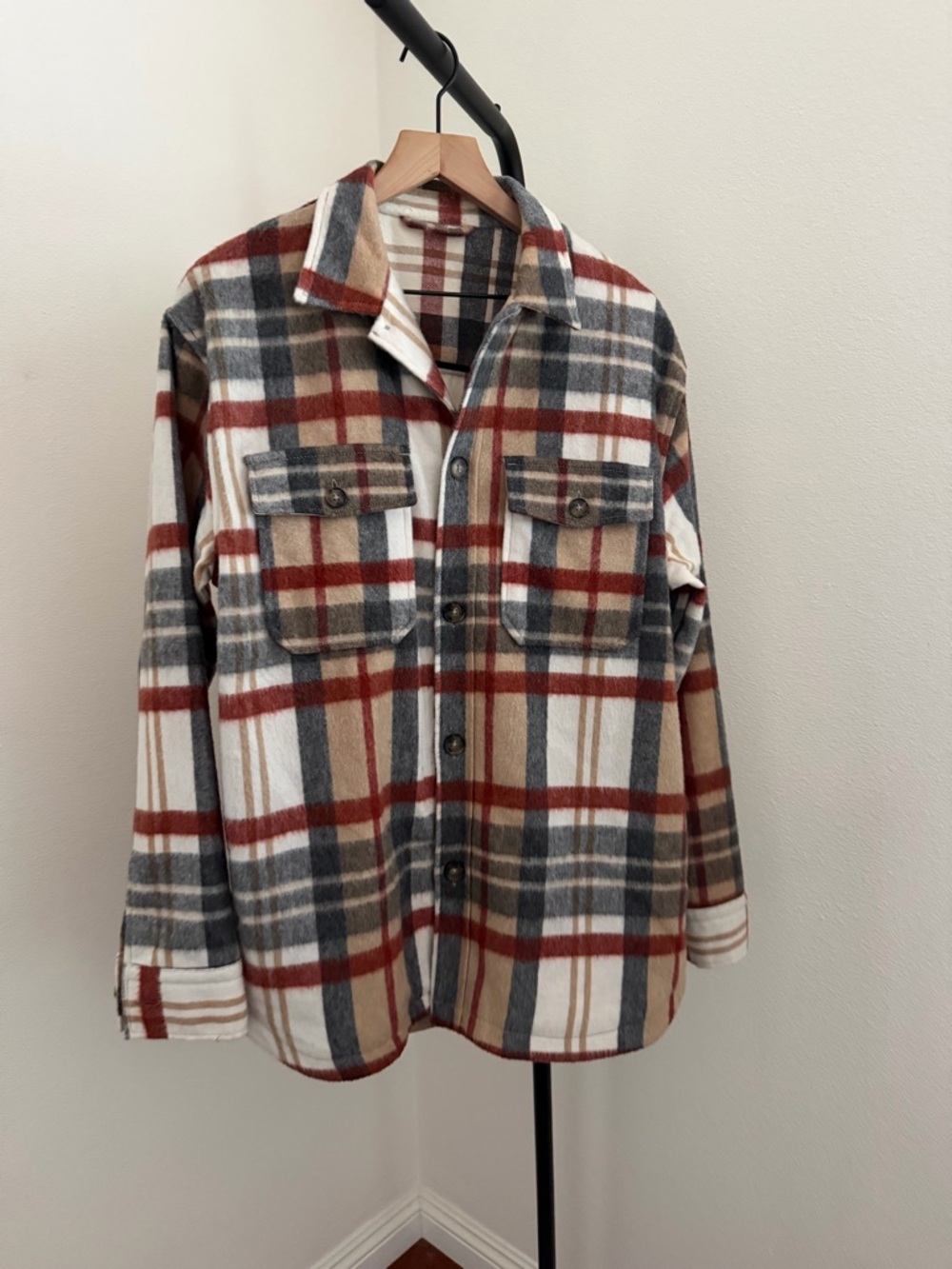 Zara Plaid Shacket in Cream, Red & Gray shirt jacket - Picture 2 of 4